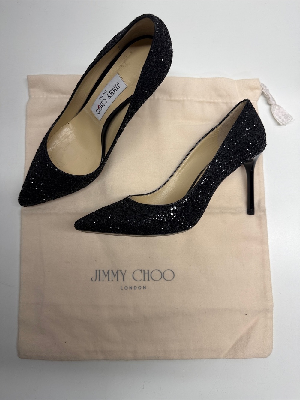 Jimmy Choo Love 85 Glitter Pumps High Heel Shoes Pointed Toe Heel Black Size 6.5
